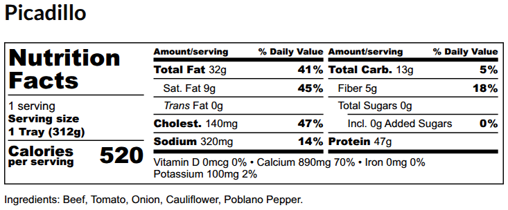 Nutritional Facts - Picadillo 6oz
